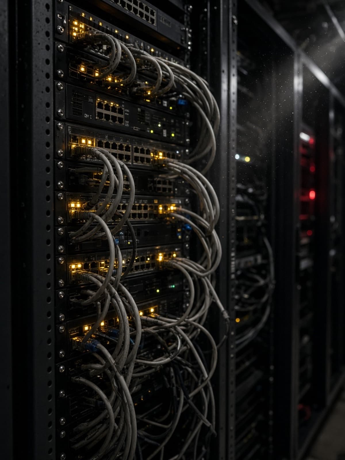 Server rack lights and patch cables in a colo cage