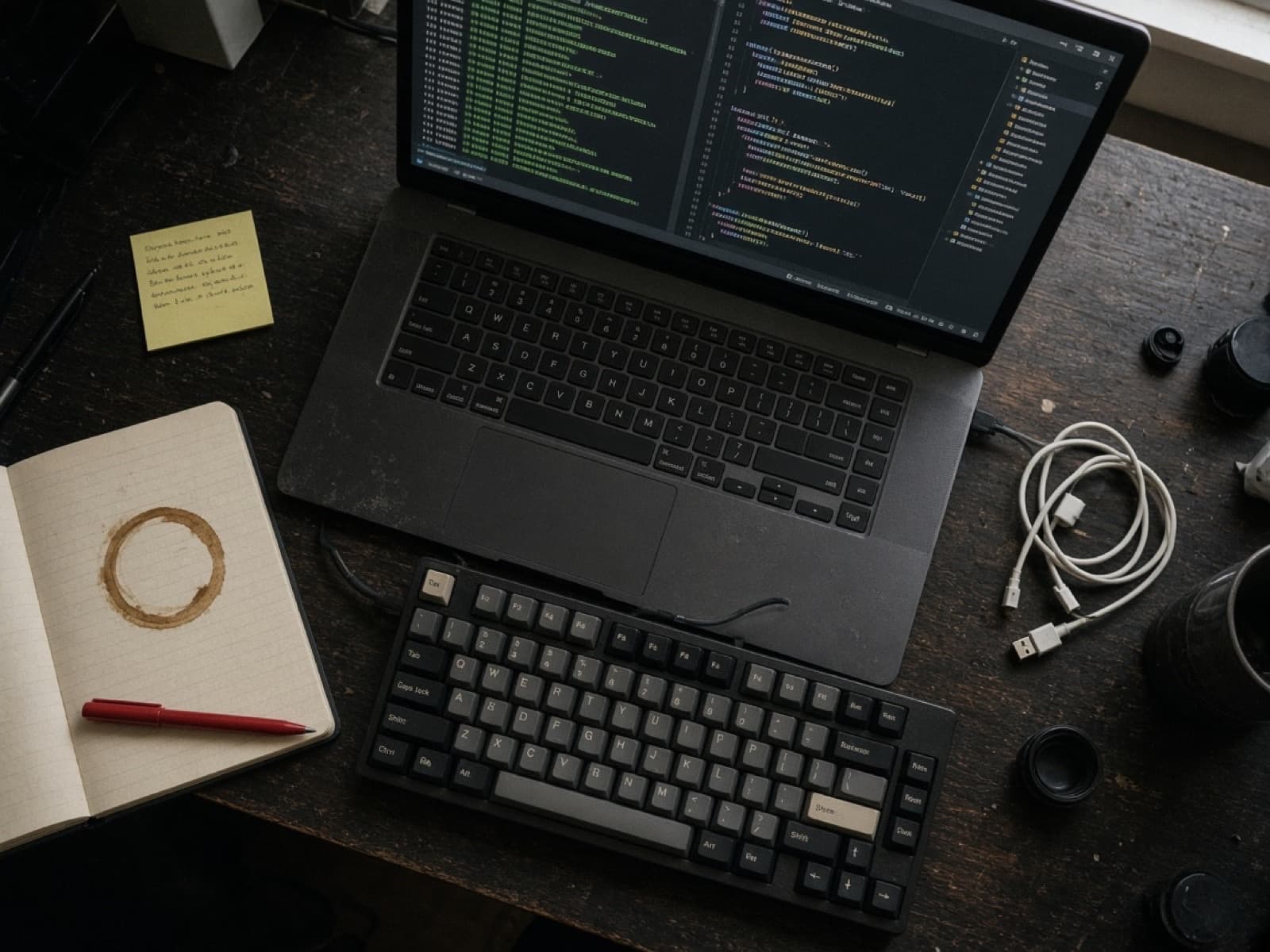 Lived-in developer desk with terminal, notebook, and coffee