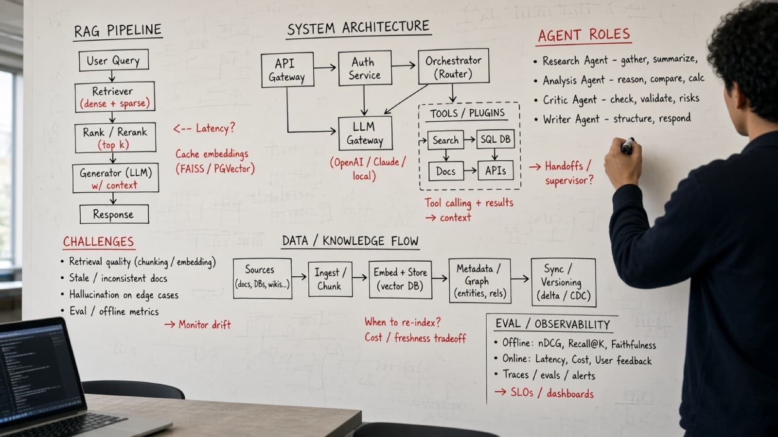 Whiteboard covered in systems architecture sketches